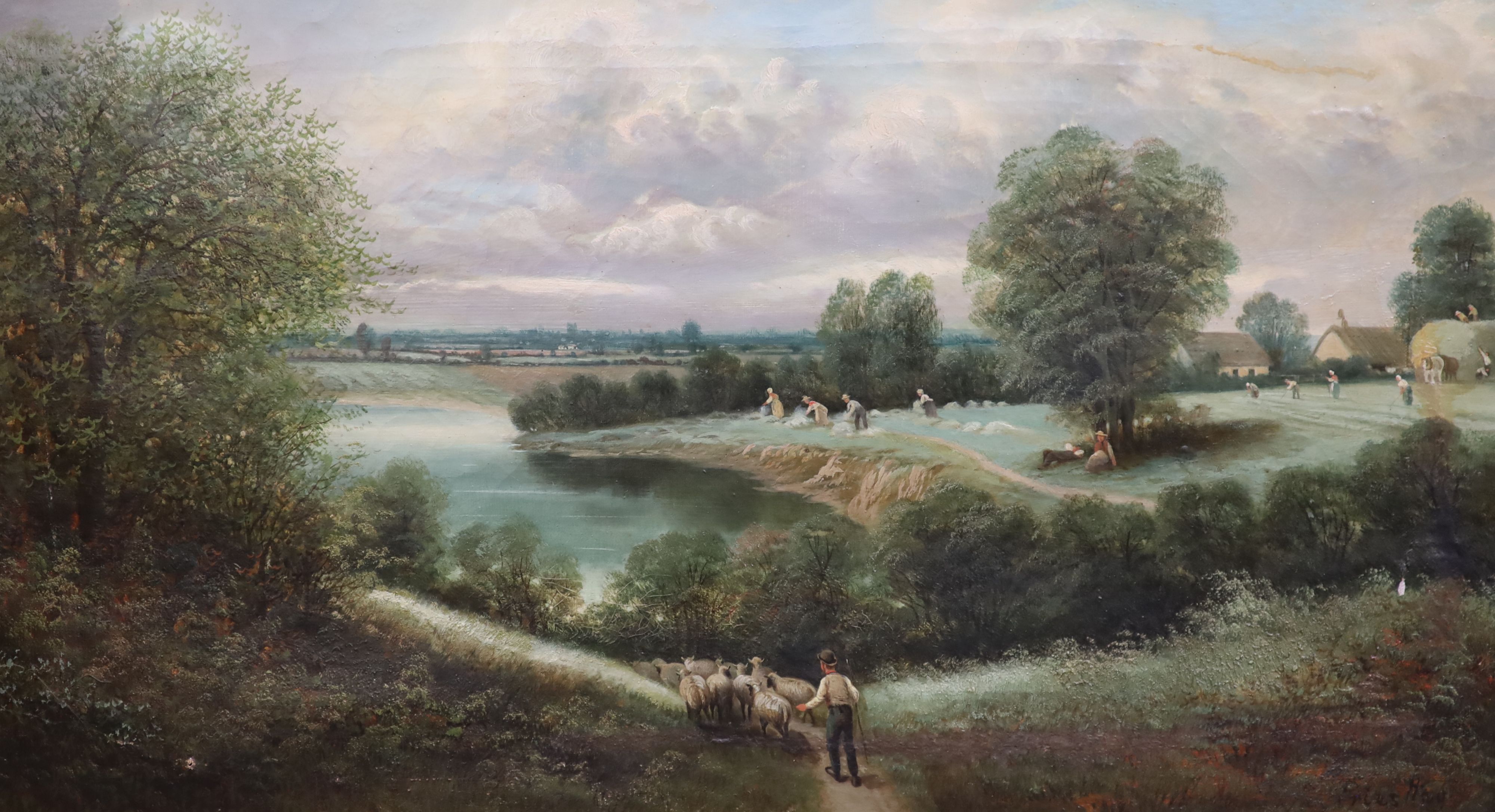 Edward Priestley (1820-1880) Extensive landscape with shepherd and flock, harvesters and haycart crossing a river 17.5 x 31.75in.